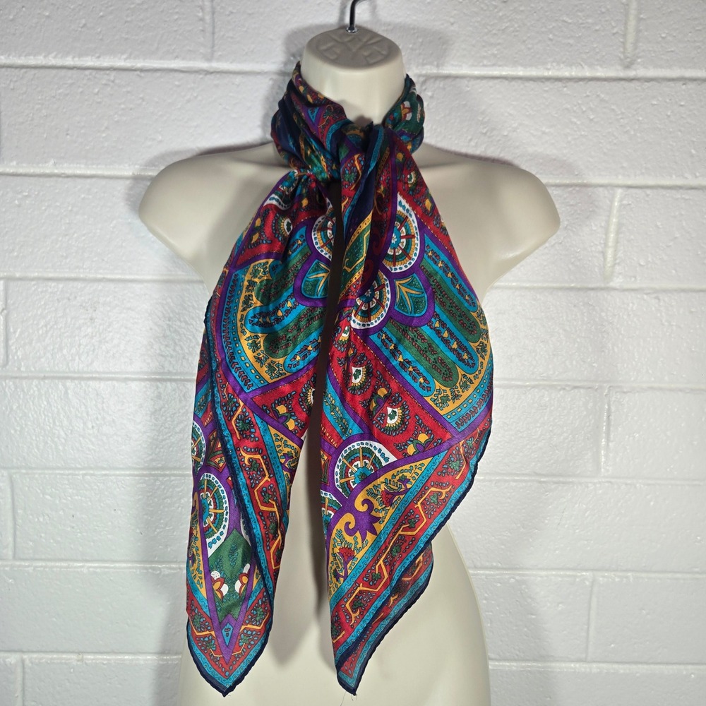 Geometric Silk Feel Square Scarf Multicolor Boho 35x36 Maximalist Boho Bag Scarf
